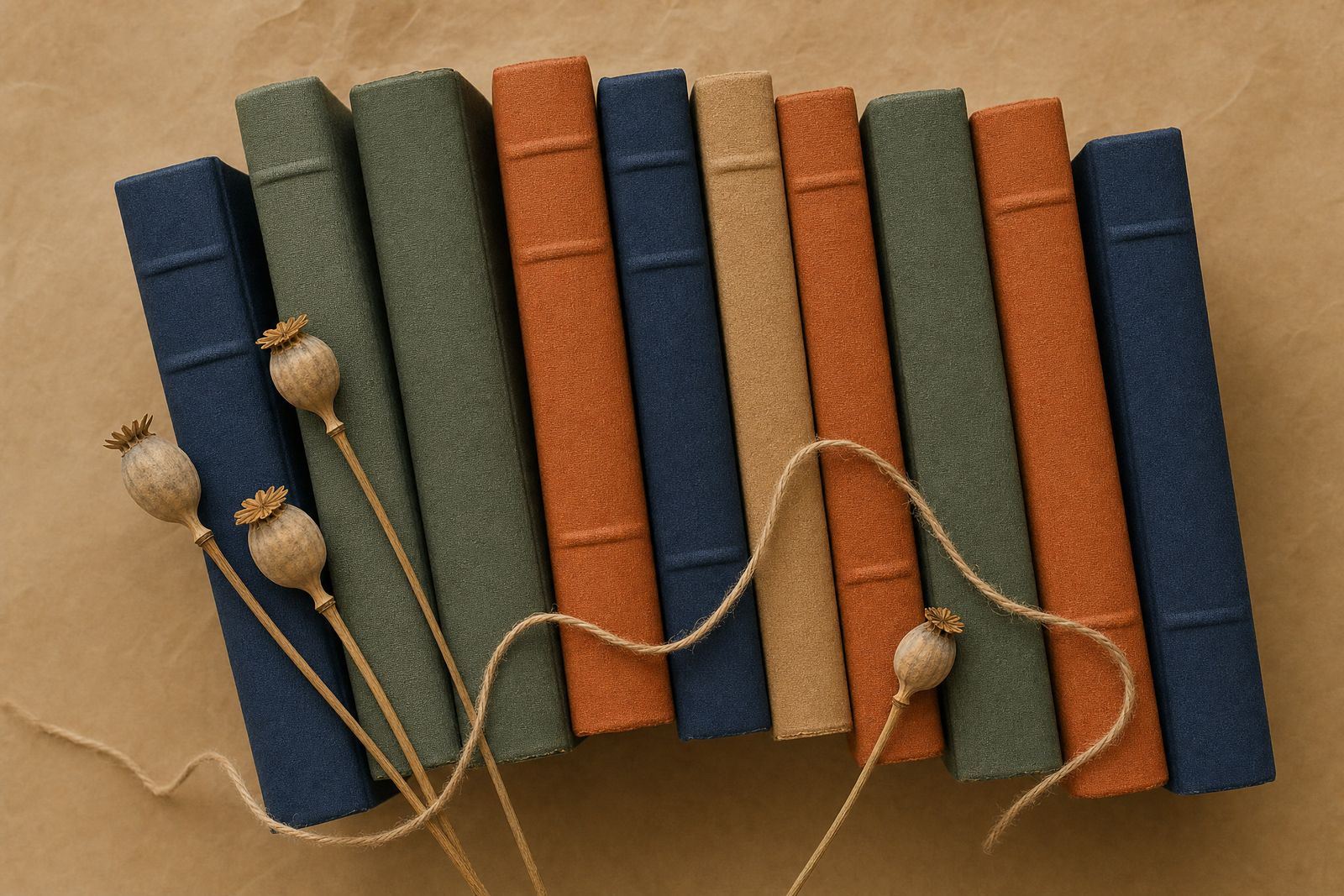 A fan of cloth-bound hardbacks in navy, sage, kraft and burnt orange on kraft paper with dried poppy pods and twine.