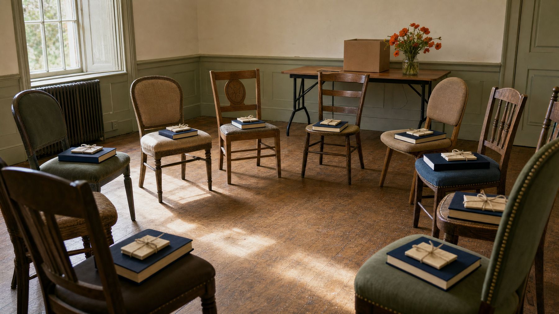 A circle of mismatched chairs in a sunlit community room, a book and tied journal waiting on each seat.