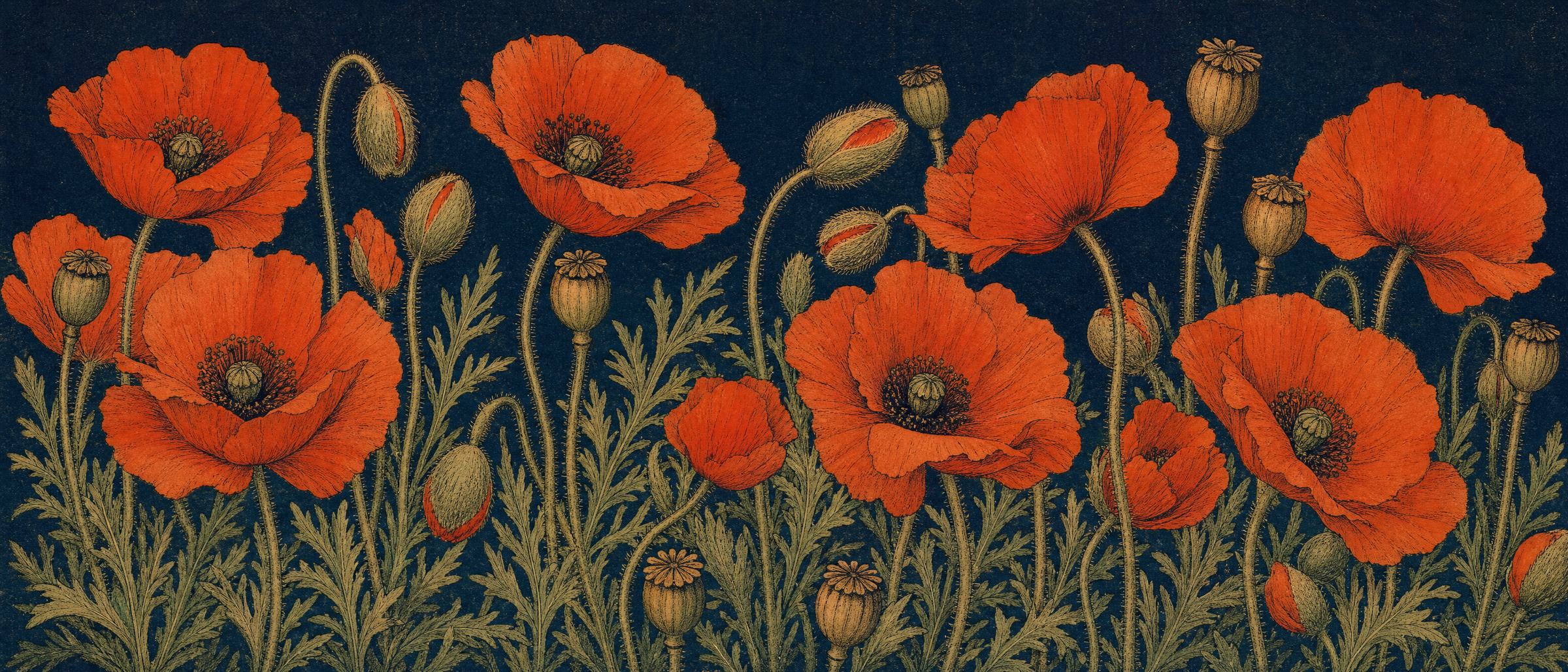 A field of orange poppies drawn in the manner of an antique seed catalog plate, printed on deep navy.