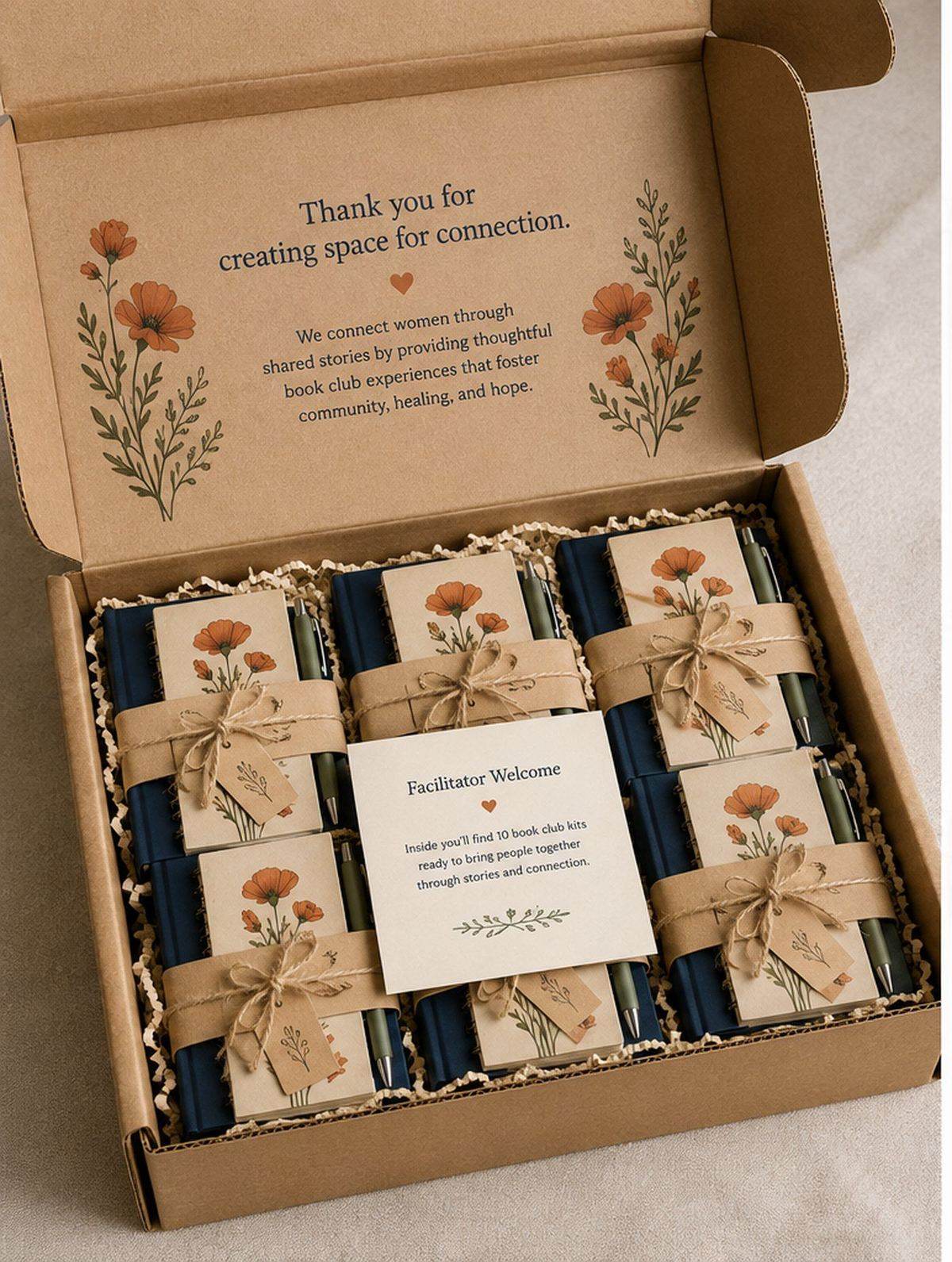 An open kraft Book Club Box holding ten belly-banded kits nested in paper crinkle.