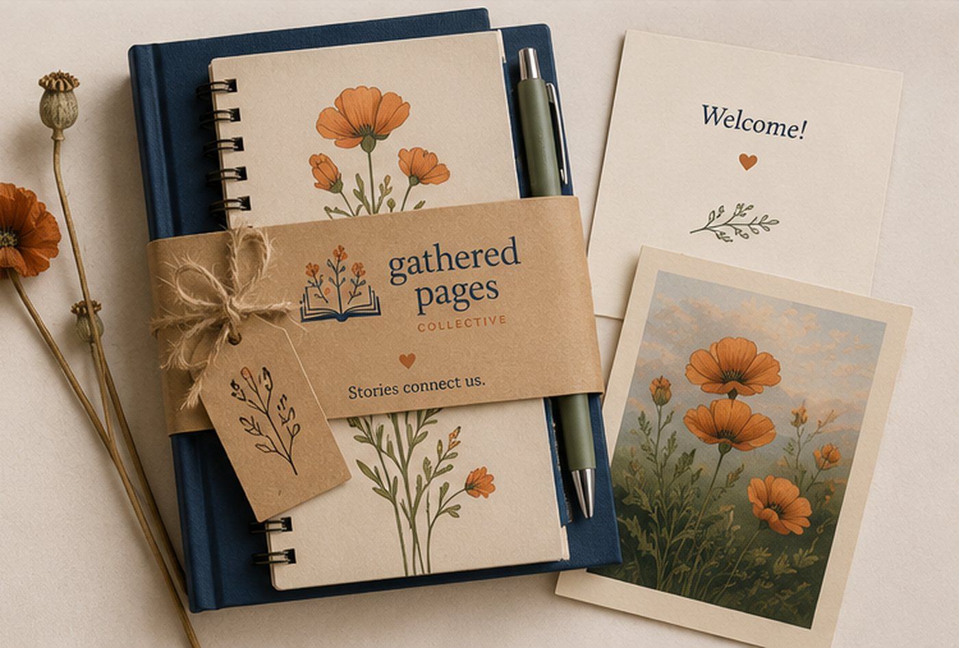 A single kit laid out: a navy hardback, a journal banded with a pen, and a welcome card.