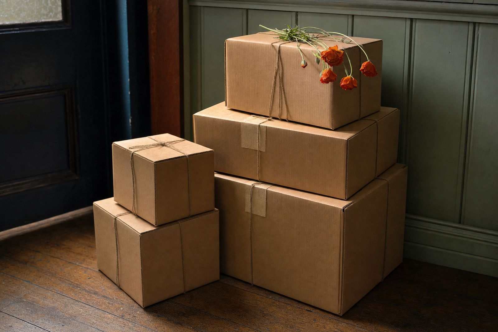 Kraft Book Club Boxes tied with twine stacked by a doorway, a sprig of orange poppies laid across the top box.