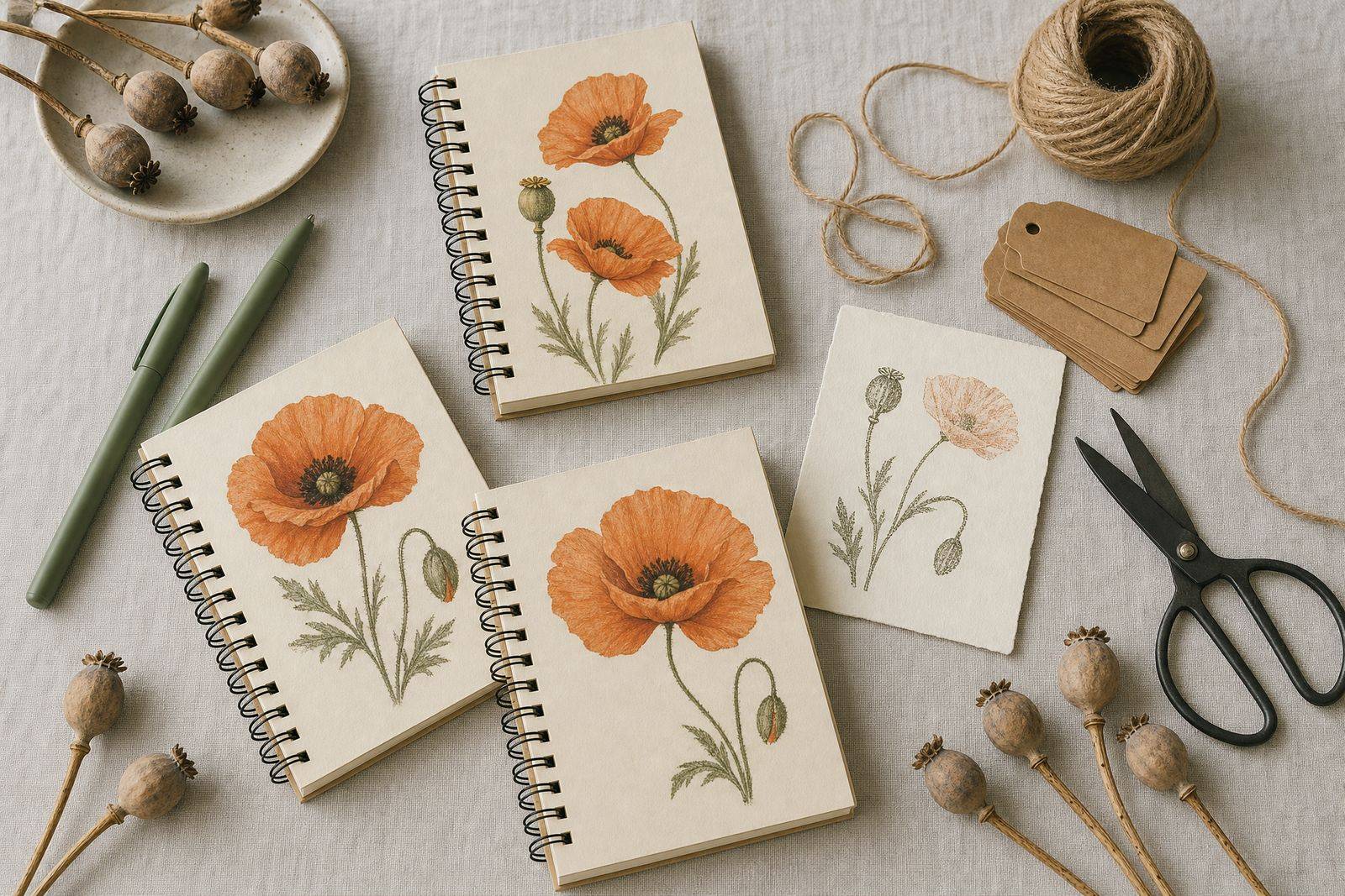 A maker’s worktable: poppy-covered journals, sage gel pens, jute twine, kraft hang-tags and a letterpress card.
