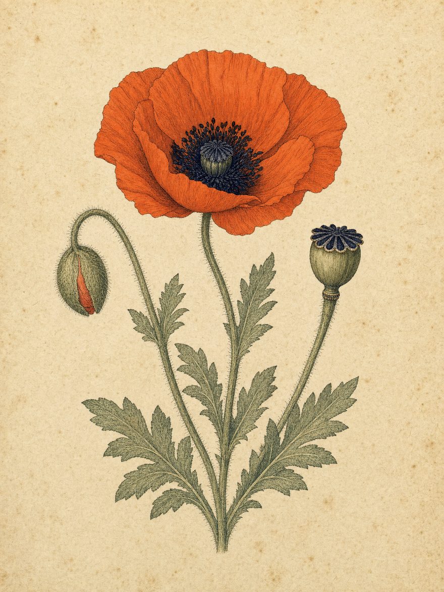 A botanical specimen plate of a single corn poppy with a bud, a seed pod and sage foliage, on aged cream paper.