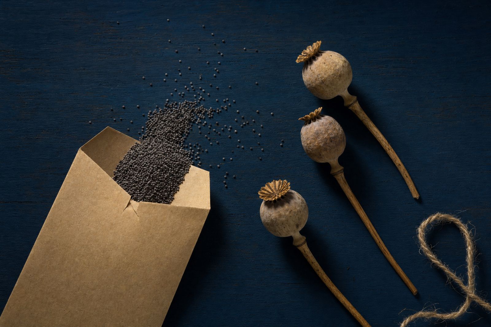 A kraft seed envelope spilling poppy seed across a navy painted board, three dried seed pods and a coil of twine alongside.