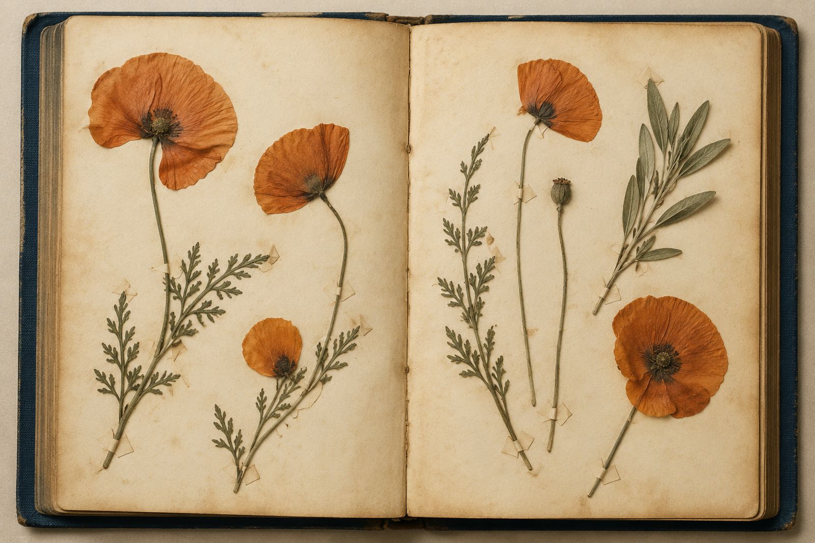 An open herbarium album of pressed orange poppies and sage sprigs mounted on aged cream pages.